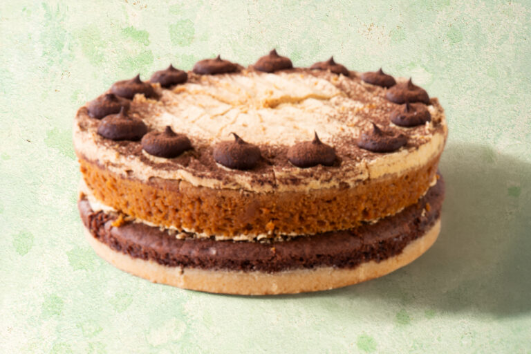 Vegan salted millionaire's shortbread cake with caramel topping.
